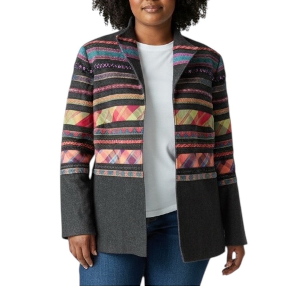 COLDWATER CREEK Denim Stripes of Plaid Open Blazer Front Jacket Size 14